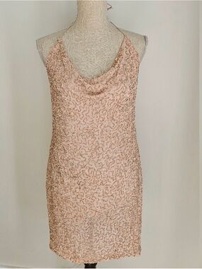 Alice + Olivia Blush Sequin Cowl Neck Mini Dress